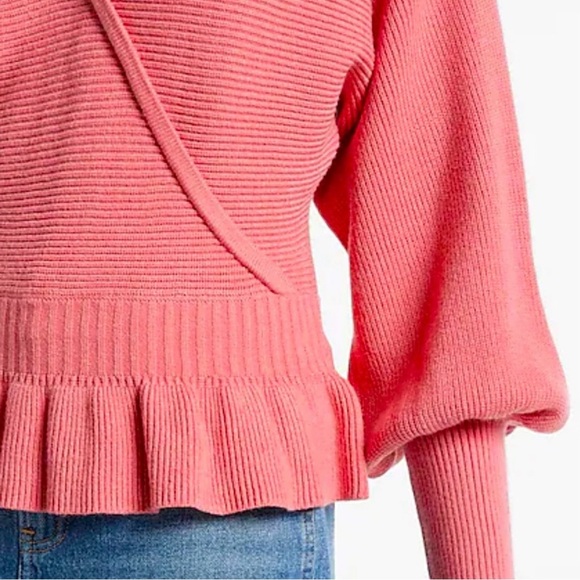 Express Ribbed V-Neck Wrap Peplum Sweater - Picture 7 of 8